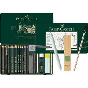 Faber-Castell - Pitt Graphite Set dans un &eacute;tui en m&eacute;tal grand format 26+3 pi&egrave;ces (y compris les gommes avec pinceau, effaceur &agrave; papier et bloc de pon&ccedil;age &agrave; mines) (allpremio, neuf)