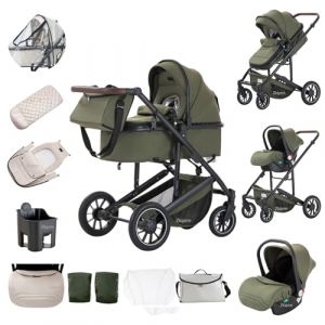 Zkiprm Poussette 3-en-1, Système de Voyage Avec Siège Auto, Landau et nacelle, Accoudoirs Réglables, Habillage pluie, Moustiquaire, Gant,Châssis en aluminium, Landau à profil haut pour 0-4 ans, Vert (Zkiprm, neuf)