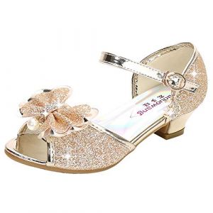 JLHu Fille Bout Ouvert Chaussures à Talon Haut Princesse Elsa Chaussures pour Sandales pour Soirée Fête Paillettes Déguisement Enfant Noël Anniversaire Carnaval,Doré,37 (JLHu, neuf)
