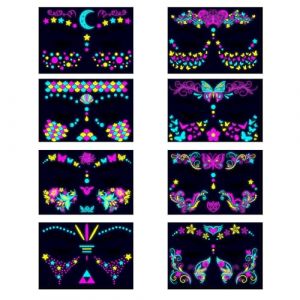 BaronHong Tatouages temporaires fluorescents pour maquillage du visage, fleurs et papillons, maquillage de fête et de rave (FA001-8-Pack, M) (BaronHong, neuf)