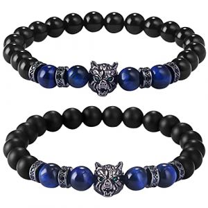 Flongo 2PCS Bracelets pour Homme Garçon Bracelet élastique Tête de Loup Dominatrice Couleur Bleu Noir Brillant Noir Mat Fantaisie Cadeaux Anniversaire Noël Halloween (Flongo, neuf)