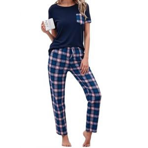 Litherday Ensemble de Pyjama Femme Coton Haut avec Poche &agrave; Manches Courtes + Bas de Pyjama &agrave; Carreaux V&ecirc;tement d'Int&eacute;rieur Bleu Marine + Carreaux XXL (GXZ-EU, neuf)