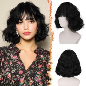 BARSDAR Courte Ondul&eacute;e Perruque Noir avec Franges, Courte Perruque Bob Noir pour Femmes Boucl&eacute;e Bob Perruques avec Franges Synth&eacute;tiques D'aspect Naturel Cheveux Perruques Cosplay Utilisation (BARSDAREU, neuf)