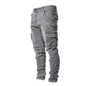 Hommes Multi - Poches Jeans Cargo Side Bags Hommes Crayon Hip Hop Cargo Jean Jogging Pantalons (SGris,3TG) (ZDJSWJ STORE, neuf)