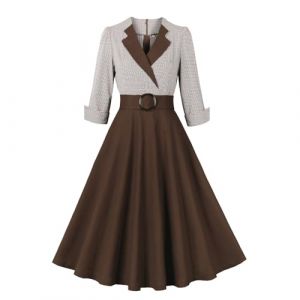 Foweknow Robe de Cocktail Femme Style Rockabilly &agrave; Carreaux Robe de F&ecirc;te Femme Ann&eacute;es 50 Vintage Robe de Soir&eacute;e &Eacute;l&eacute;gante Robe de Bal avec Encolure en V Manches 3/4 Robe A-Ligne Robe Tournure Petticoat (ROTPMS, neuf)