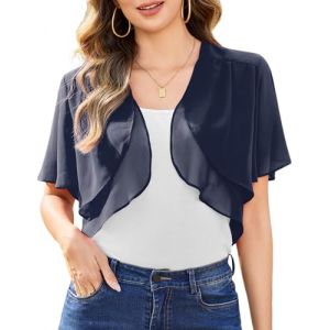 Aottori Cardigan Boléro Court Femme en Mousseline de Soie Gilet à Manches Évasées Courte Boléro Veste Elégant Chic pour Robe Bretelle Mariage Navy Bleu M (yyh-eu, neuf)