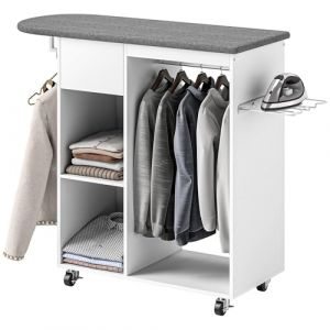 HOMCOM Armoire &agrave; Repasser en Bois, Table &agrave; Repasser avec roulettes, Barre de Suspension pour v&ecirc;tements, &eacute;tag&egrave;re Ouverte, pour Salon, Chambre, 125 x 43,5 x 102,5 cm, Blanc (Aosom FR, neuf)