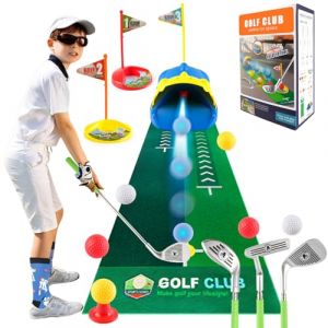 MYDOVA Ensemble de jouets de golf pour enfants, Mii Golf avec 1 retourneur automatique de golf Dioaur, 3 clubs de golf évolutifs, 6 balles et tapis de putting, jouet de tri intérieur et extérieur, (Mydova, neuf)