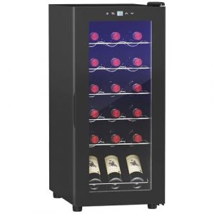 HOMCOM Cave à vin 18 bouteilles 50L réfrigérateur à vin silencieux avec porte en verre, étagères réglables, éclairage LED, écran tactile numérique, frigo vin contrôle de la température 5-18°C, noir (Aosom FR, neuf)