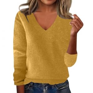 Pull Femme Chic Et Elegant Coton Tee Shirt Manche Longue Femme Grande Taille Oversize Tunique Col V Automne Laine Sweat Pas Cher Sport Cachemire Slim Fit Classics Top Sweatshirts(Jaune,M) (uxxnjfg, neuf)