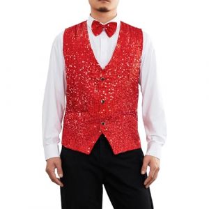 Caziffer Gilet Costume sans Manche Homme &agrave; Sequins Blazer Homme &agrave; Couleur Unie Col en V Gilet Costume Homme Boutonn&eacute; avec N&oelig;ud Papillon (Rouge, XL) (baixia, neuf)
