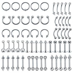 Uwiyo 60 Pi&egrave;ces Kit Piercing, 16G Kit Piercing en Acier Inoxydable Anneaux de Nombril Cartilage Piercing Helix Daith Septum Nez Oreille Teton Barbell Langue Levre Kit Unisexe (Argent-1,2 * 8mm) (JOFFY MOCO Store, neuf)