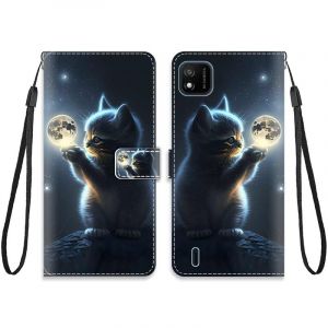 KARTXITAI Cuir Coque Compatible avec WIKO Y62/Y62 Plus Antichoc avec Support Clapet Design Motif Dr&ocirc;le &Eacute;tui Bumper Portefeuille Magn&eacute;tique Cr&eacute;atif Case Cover Housse-Lune Chat,Ciel,&eacute;toiles (KARTXITAI, neuf)