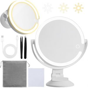 IGUGI Miroir Grossissant Lumineux 10x,Miroir Maquillage avec Ventouse,avec Contr&ocirc;le Tactile,Rechargeable,Rotation &agrave; 360 &deg;,Lumi&egrave;res LED,3 Modes de Couleur,Pince &agrave; &eacute;piler,Salle de Bain et Voyage (HADALA YYDS Kft., neuf)