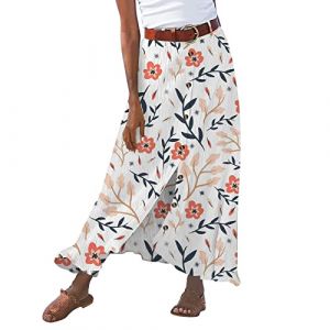 Jupe Mi-Longue Trapèze Femme Coton à Taille Élastique Décontractée Jupe Plissée Boutonnée sur Devant Jupes pour Printemps et été décontractée Ample Couleur Unie Jupes trapèze avec Poches Taille (Kincool, neuf)