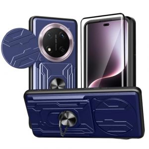 KZIOACSH Coque pour Honor Magic 7 Lite avec Verre Tremp&eacute;,Heavy Duty Antichoc Bumper Housse,Couvercle de cam&eacute;ra &agrave; glissi&egrave;re+360&deg;degr&eacute;s B&eacute;quille &agrave; Bague de Rotation,Bleu (Dragon-long, neuf)