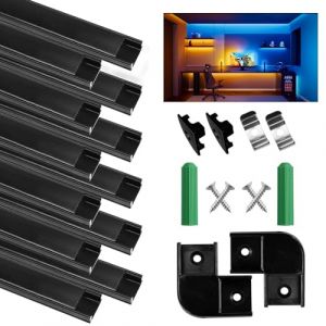 Profilé Aluminium LED, 12 x 1Mètre U Shape Profilés en Aluminium, Canaux et Diffuseurs LED avec Couvercle PC - Accessoires Complets, Compact Finition Professionnelle pour Ruban LED (Noir-U) (SenXingYan-FR, neuf)