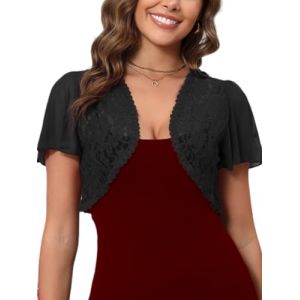 Boléro Femme Dentelle Gilet Veste Transparentes Cardigan Court Manches Courtes pour Robe Mariage T Shirt Bretelle Chic Elégante Soirée Fête Décontracté Noir S (Enjyam, neuf)