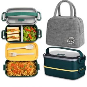 Haoh Bento Lunch Box Kit, 1600ml Boite Repas avec Couverts e Sac Isotherme Repas, Herm&eacute;tique Bo&icirc;tes Bento pour Pique-Nique, Travail, Go&ucirc;ter, Bo&icirc;te &agrave; Lunch Micro Ondes(Vert fonc&eacute;) (WELLBINGDIJSID LIMITED, neuf)