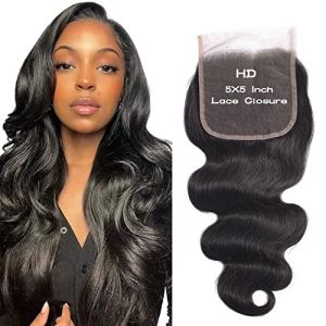 Closure Bresilienne lisse 5x5 Lace Closure Body Wave Cheveux Bresilienne Lisse Naturel Noir Cheveux Humain HD Swiss Lace Closure Human Hair Free Part 14 Pouces (Arenshxc, neuf)