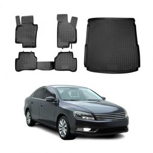 Kit Tapis de Sol et Coffre Compatible avec VW Passat B7 Alltrack 2010-2015 Caoutchouc Noir (omacfrance, neuf)