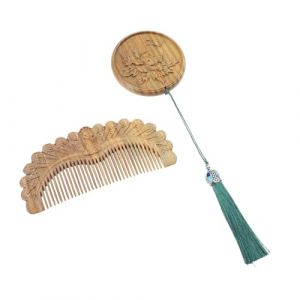 NIYANGLE 1ensemble Miroir Et Peigne Sculpté Chinois Miroir Cosmétique De Sandalwood Avec Peigne Accessoires De Maquillage Rétro Et (Telinei, neuf)
