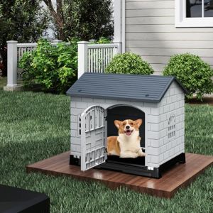 GOPLUS Niche pour Chien Exterieur en PP, Cabane Chien Exterieur Interieur avec 3 Fenêtres, Porte Verrouillable, Toit en Pente, Plateau de Toilette Amovible, Ventilé&Imperméable, 75 x 58 x 65 CM (Gris) (Augenstern24, neuf)