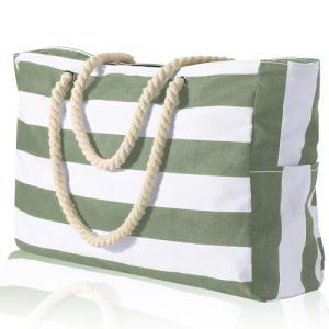 Hillylolly Sac de Plage, Sac de Plage Femme, Sac Plage Pliable, Sac Cabas Femme à Fermeture, Sac de Plage, Sac de Plage xxl Extra Large Famille pour Voyages à La Plage, Piscine, Fitness (Vert) (MINGSWL, neuf)