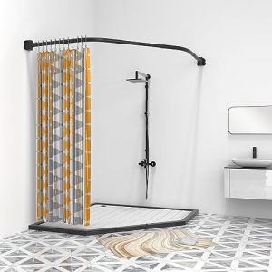 Misounda Tringle &agrave; Rideau de Douche Noir, Barre Rideau Douche en Acier Inox, 70x(45-70) x70 cm Barre de Douche Angle R&eacute;glable avec Anneaux Rideaux, pour Salle de Bain Baignoire Vestiaire (YTG&, neuf)