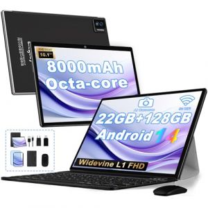 Tablette Android 14 Tablette 10 Pouces 22Go RAM + 128Go ROM(2To Extensible), Octa-Core, GMS Tablette Tactile, WiFi 6, 5G Wi-FI, Widevine L1, 8000mAh, GPS, Tablettes avec Clavier+Souris et Cas-Noir (GSD TECHNOLOGY SP. Z O.O, neuf)