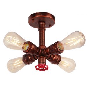 Vintage Plafonnier Tube d'eau Industriel Lustre Luminaire en Métal Rétro Suspension 4 Tête lampe Design E27 pour Salon Cuisine Couloir Loft Chambre (Rouille rouge) (DOO2U, neuf)