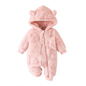 Huttam Manteau Combinaison Polaire Bebe Fille 0-18 Mois Hiver Chaud Grenouillere Bebe Fille Flanelle avec Capuche Oreille de Ours Vetement Bebe garçon Naissance Body zippé Peluche (6-9 Mois) (Huttam, neuf)