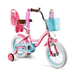 RULLY Vélo Fille 14 Pouces Rose avec roulettes stabilisatrices – Vélo Enfant avec Panier et siège poupée pour 3–5 Ans, Cadeau pour Fille (Rully Bike, neuf)