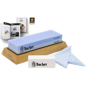 Pierre &agrave; Aiguiser Premium Bacher. Pierre &agrave; Affuter &agrave; Double Face, Grains 1000/4000 &ndash; Aiguiseur pour Couteaux avec Support en Bambou, Pierre Aplatissante et Guide &eacute;lectronique D&eacute;taill&eacute; (Protector Tech, neuf)