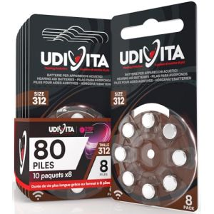 80 Piles Auditives Taille 312 Udivita PR41 (Marron) avec Technologie Phono Pulse - 10 Blisters de 8 Piles (Eurocali, neuf)