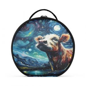 Vache De Dessin Animé De Lune Aquarelle Créativité Trousse Sac Cosmétique Circulaire de Maquillage Pochette Sacs avec Cloisons Amovibles pour Voyage Filles (HULAHULA, neuf)