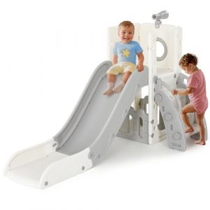 Toboggan Bebe, Toboggans Exterieur/Interieur Enfant, 4 en 1 Toboggan Autoportant, avec Télescope, Espace de Rangement, Escaliers, Glisse 136cm,Jusqu'à 60 kg, Gris et Blanc, Module 2PCS (BRT Store, neuf)