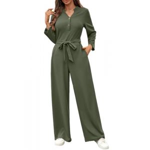 Onsoyours Femme Combinaison Casual Loose Salopette &Eacute;l&eacute;gant Manches Longues Boutonn&eacute; Playsuit Taille Haute Jumpsuit Avec Poche Ceinture A Arm&eacute;e Verte S (Zeigood Mode, neuf)