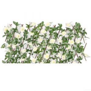 Treillis extensible en bois avec fleurs artificielles et feuilles pour d&eacute;coration de jardin, cl&ocirc;ture r&eacute;tractable (blanc) (FHsport, neuf)
