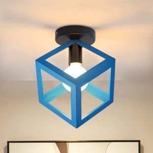 iDEGU Plafonnier Luminaire Moderne Lustre Forme Cage Lampe de Plafon Vintage Abat-jour de Style Géométrique en Métal E27 Éclairage pour Chambre Salon Restaurant, Forme de Cube,16CM, Bleu (IDEGU, neuf)