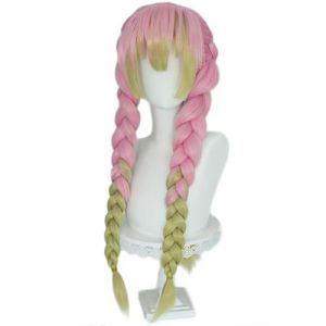 Anime Kanroji Mitsuri Perruque de cosplay Anime avec bonnet de perruque, perruque longue tress&eacute;e pour filles, Halloween et carnaval Sakura rose d&eacute;grad&eacute; vert perruque de rechange pour femme (AnimeWave, neuf)