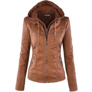 Newbestyle Femme &agrave; Capuche Veste Simili Cuir Femme Moto Style Manteau,Brown,S (Newbestyle, neuf)