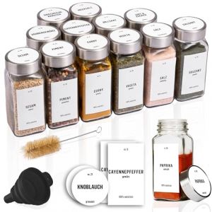 Deco haus® Pot a Epices en Verre avec Étiquettes d'épices Lot de 12 Boite a Epices Cuisine Rangement, Bocal Epices avec Couvercle Hermetiques - Boite Epices Cuisine, Rangement Epices (Mortred, neuf)