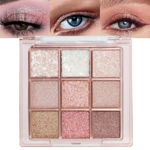 Lilbitty 1 palette de 9 fards à paupières à paillettes, longue durée, pigmentée pour les yeux en rose, blanc, doré, brillant, imperméable, pour femmes et filles (Lrzswa, neuf)