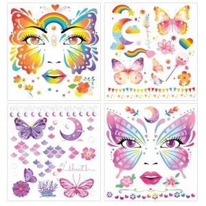 Qpout 8 Feuilles Papillon Tatouages Temporaires, Stickers Tatouage Faux Maquillage des Yeux F&eacute;e des Fleurs Art Corporel Imperm&eacute;able pour Fille Princesse Rave Carnaval Cosplay (Mopyt, neuf)