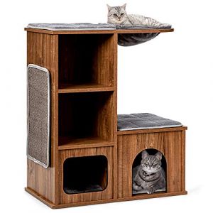 COSTWAY Arbre à Chat Design en Bois 81 cm avec 3 Etagères, Griffoirs et Coussins Lavables Amovible, avec Niche Charge 20KG, Meuble pour Chat Chaton, ‎69 x 39 x 80,5 cm (FDS GmbH, neuf)