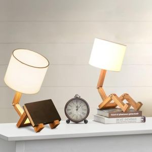 Lampe de Chevet Robot Lot de 2,ELINKUME Lampes de Bureau Créatives pour Chambre à Coucher,Corps Bois Réglable,Salon DIY Lampe de Table E27 avec Abat-jour Tissu,Eclairage Décoratif D'intérieur Moderne (putime, neuf)