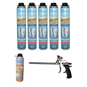 DSTOCK60 - LOT DE 5 MOUSSES PISTOLABLES + 1 PISTOLET + 1 NETTOYANT - MOUSSE EXPANSIVE 750 ML - MOUSSE POLYURÉTHANE PROFESSIONNELLE - ISOLE, COLLE ET REBOUCHE - EXTÉRIEUR ET INTÉRIEUR (DSTOCK60, neuf)