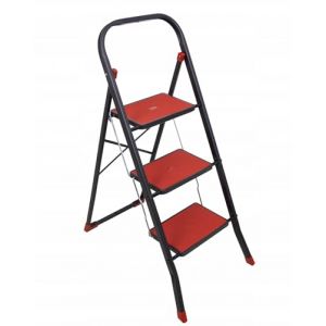 Escabeau pliable &agrave; 3 marches &ndash; &eacute;chelle de m&eacute;nage stable jusqu&rsquo;&agrave; 150 kg, pliable, surfaces de marche antid&eacute;rapantes, peu encombrante et s&ucirc;re (Rouge-Noir) (Metrox-Service, neuf)