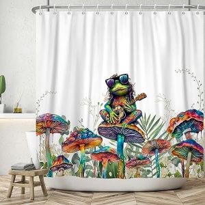 ASDCXZ Rideau de Douche Dr&ocirc;le 180x200 cm, Grenouille Punk dr&ocirc;le Jouant de la Guitare Champignons color&eacute;s Fleurs Feuilles Lavables Textile Rideau de Bain imperm&eacute;able pour Baignoire (Qingjuan Trade, neuf)